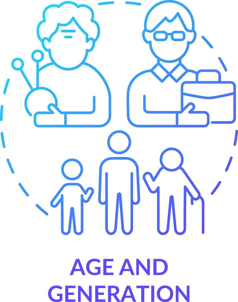 Age and generation blue gradient concept icon. Diversity type abstract idea thin line illustration. Older and younger workers. Fight discrimination. Isolated outline drawing vector