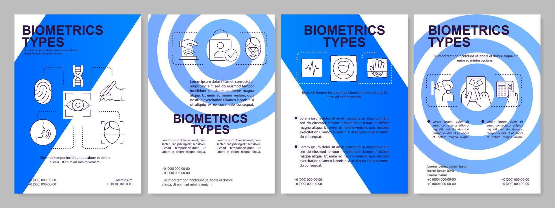 biometría tipos azul folleto modelo. digital identidad. folleto diseño con lineal iconos editable 4 4 vector diseños para presentación, anual informes