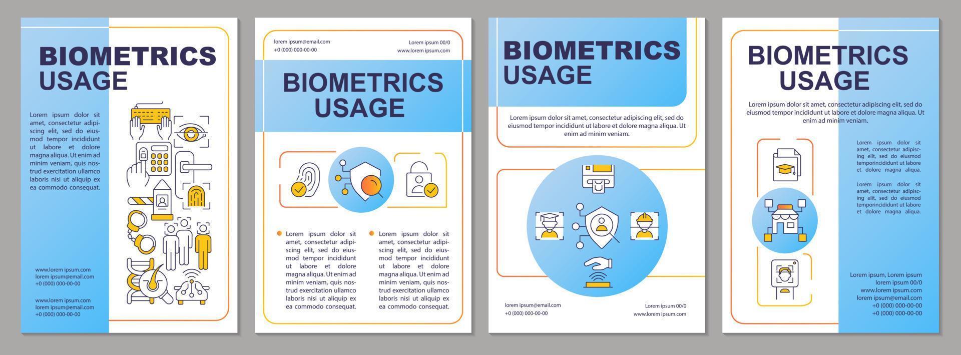 Biometrics integration blue brochure template. Identity technology. Leaflet design with linear icons. Editable 4 vector layouts for presentation, annual reports