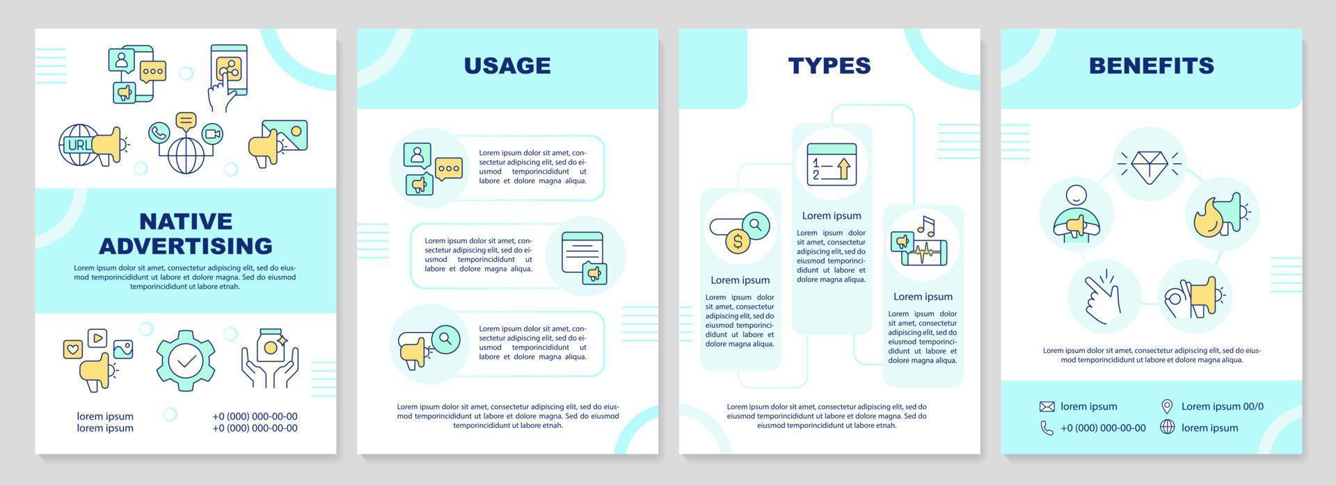 Native advertising cyan brochure template. Aesthetic ads. Leaflet design with linear icons. Editable 4 vector layouts for presentation, annual reports