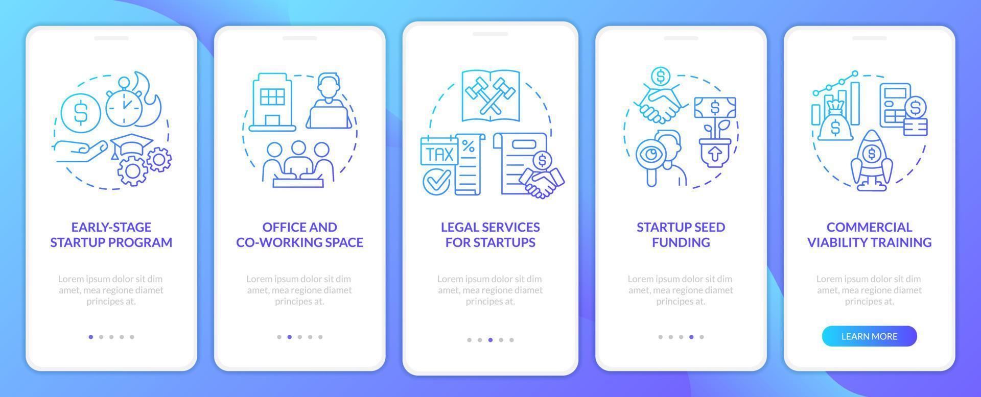 Startup funding sources blue gradient onboarding mobile app screen. Walkthrough 5 steps graphic instructions with linear concepts. UI, UX, GUI template vector