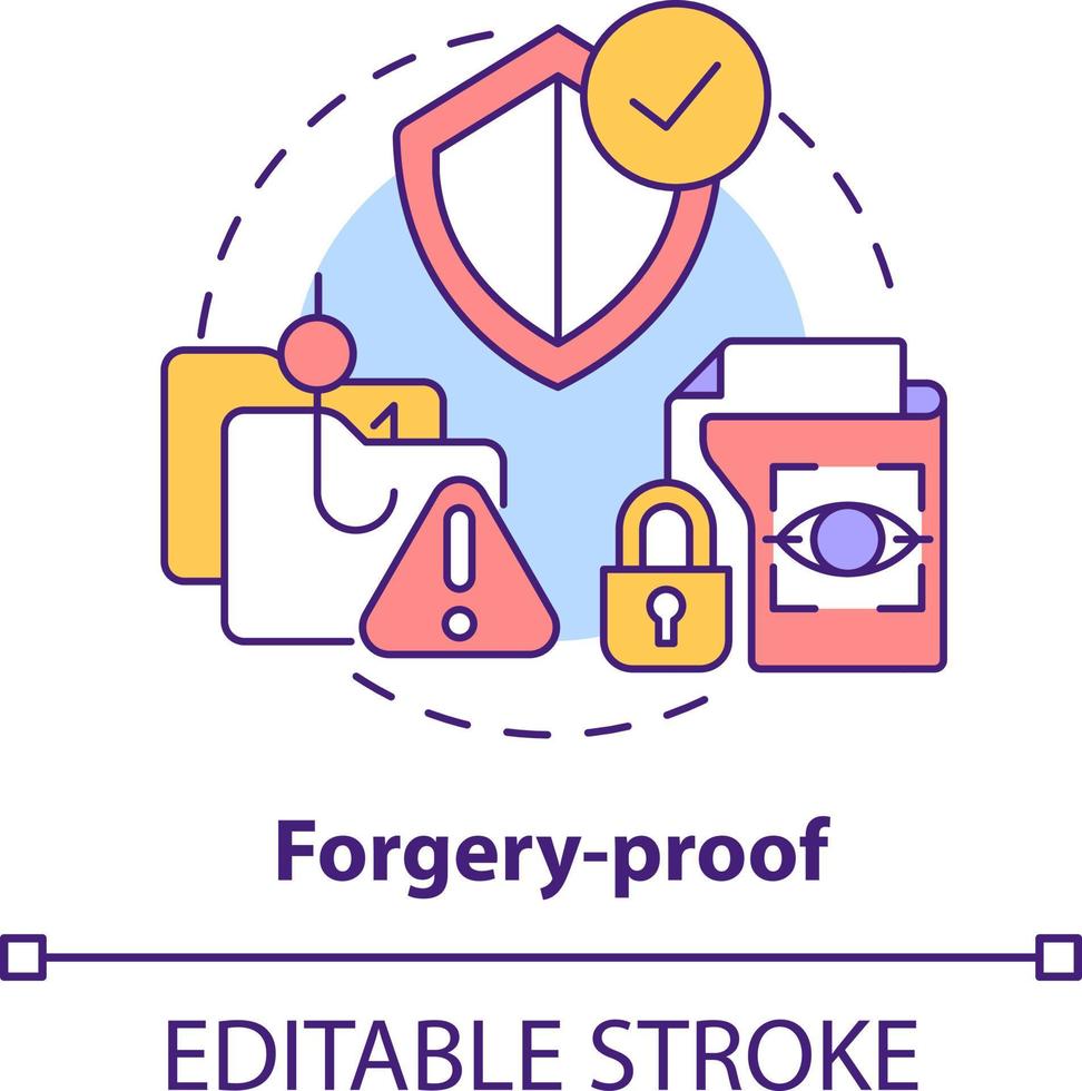 Forgery-proof concept icon. Biometric data advantage abstract idea thin line illustration. Data hiding technologies. Isolated outline drawing. Editable stroke vector