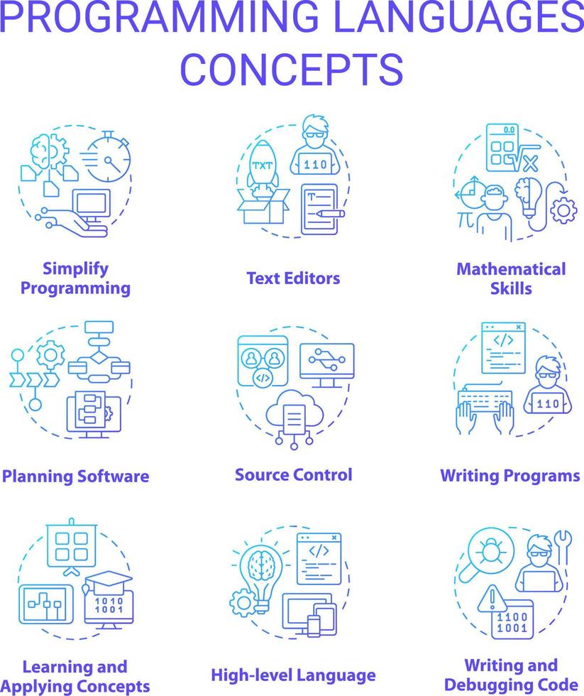 Programming languages blue gradient concept icons set. Writing code. Computer science idea thin line color illustrations. Isolated symbols vector