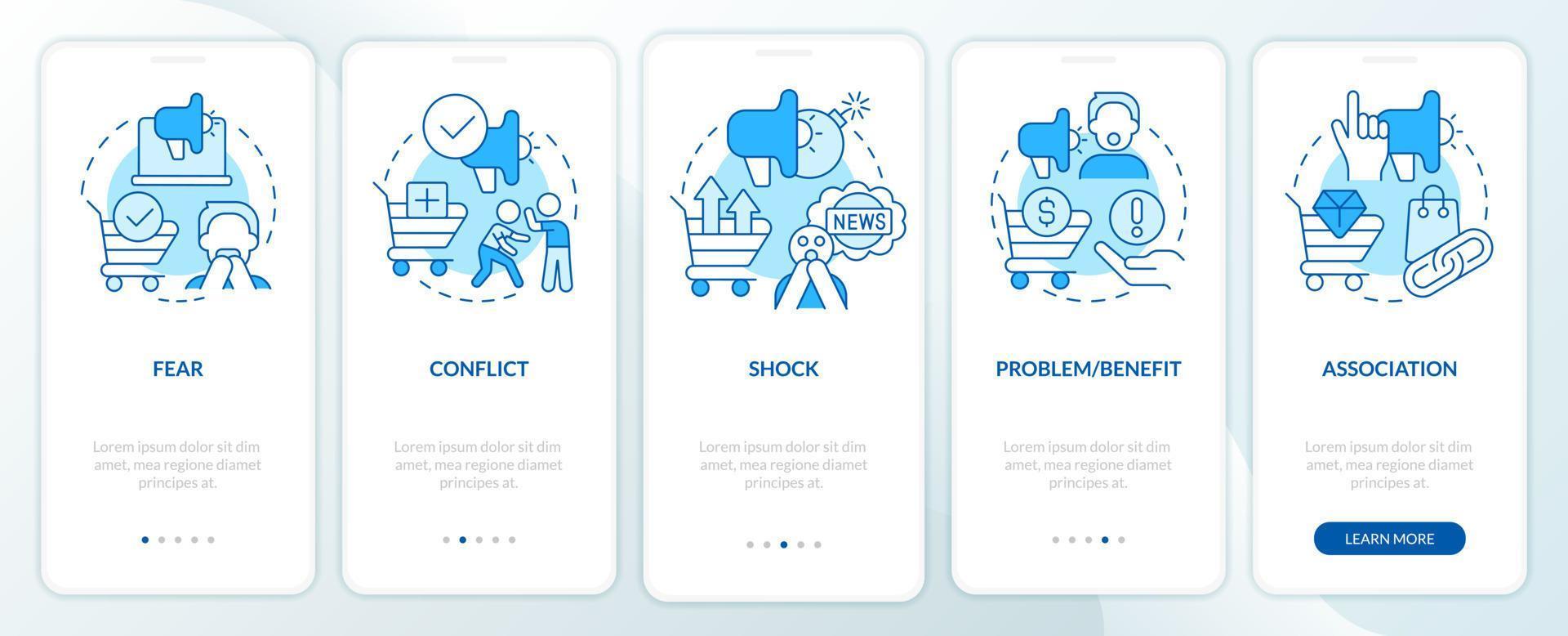 Emotional appeals in business blue onboarding mobile app screen. Walkthrough 5 steps editable graphic instructions with linear concepts. UI, UX, GUI template vector