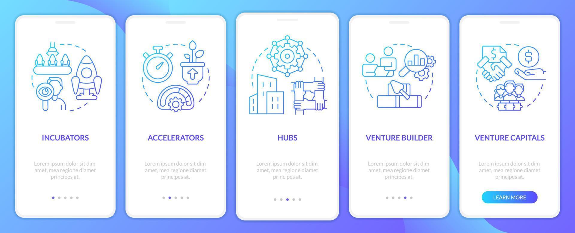 Kinds of new business support blue gradient onboarding mobile app screen. Walkthrough 5 steps graphic instructions with linear concepts. UI, UX, GUI template vector