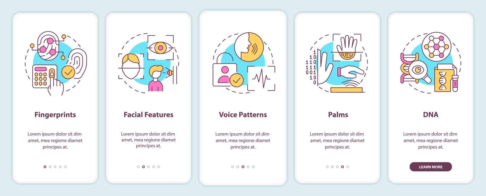 biométrico tecnología inducción móvil aplicación pantalla. digital identidad recorrido 5 5 pasos editable gráfico instrucciones con lineal conceptos. ui, ux, gui modelo vector