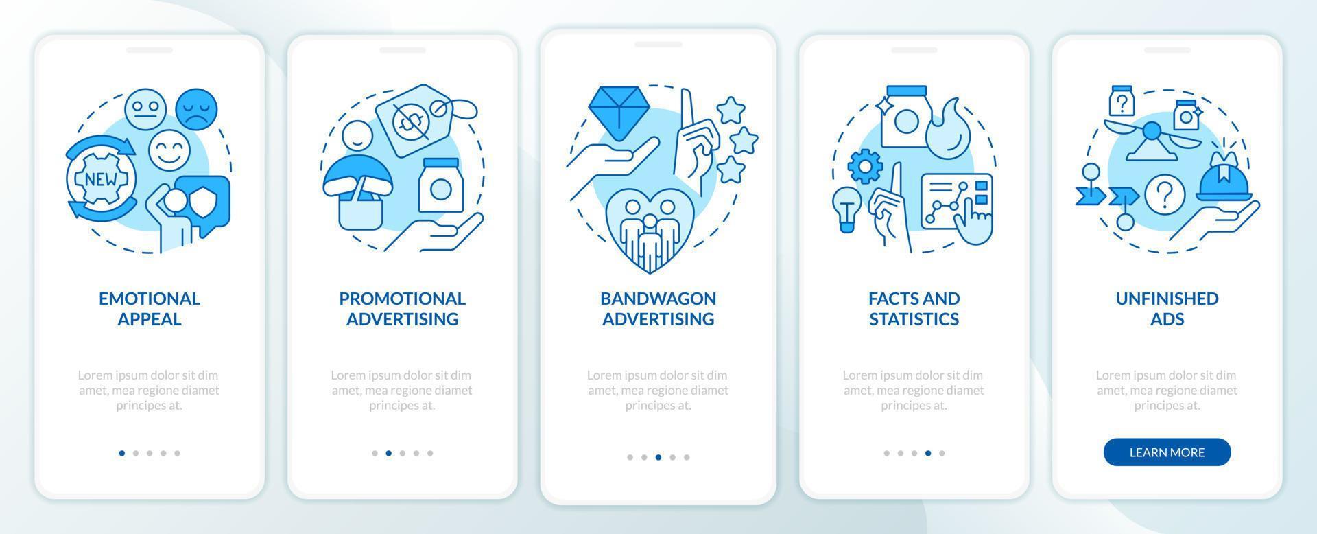 Advertising strategies in marketing blue onboarding mobile app screen. Walkthrough 5 steps editable graphic instructions with linear concepts. UI, UX, GUI template vector