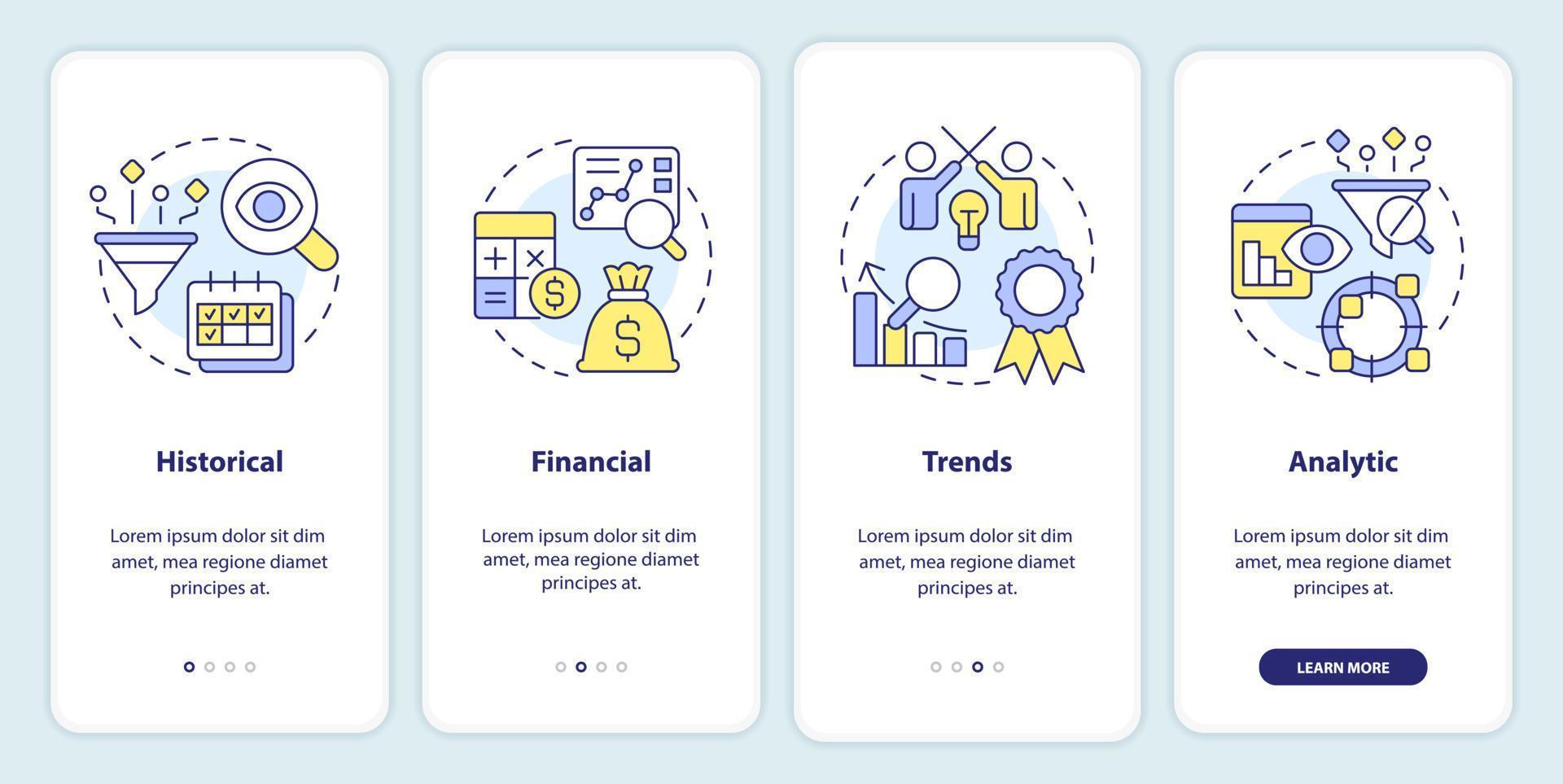 rentabilidad modelos para previsión inducción móvil aplicación pantalla. recorrido 4 4 pasos editable gráfico instrucciones con lineal conceptos. ui, ux, gui modelo vector