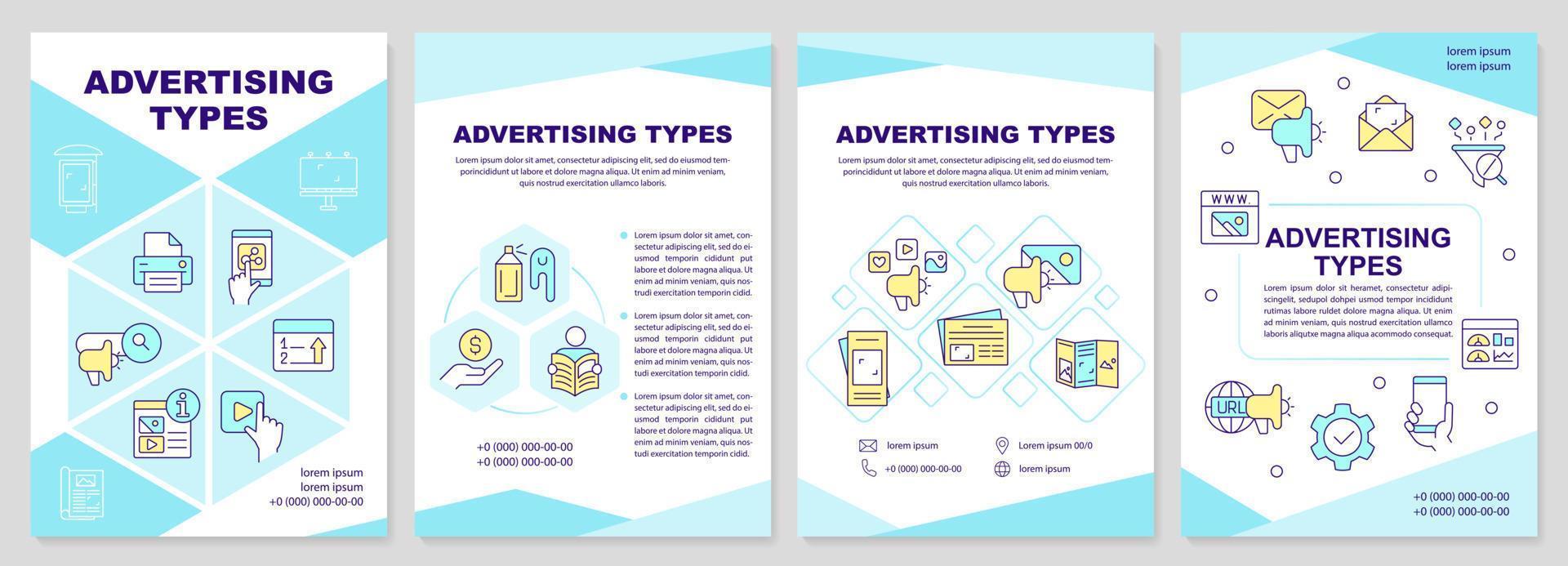Advertising types cyan brochure template. Ecommerce tactics. Leaflet design with linear icons. Editable 4 vector layouts for presentation, annual reports