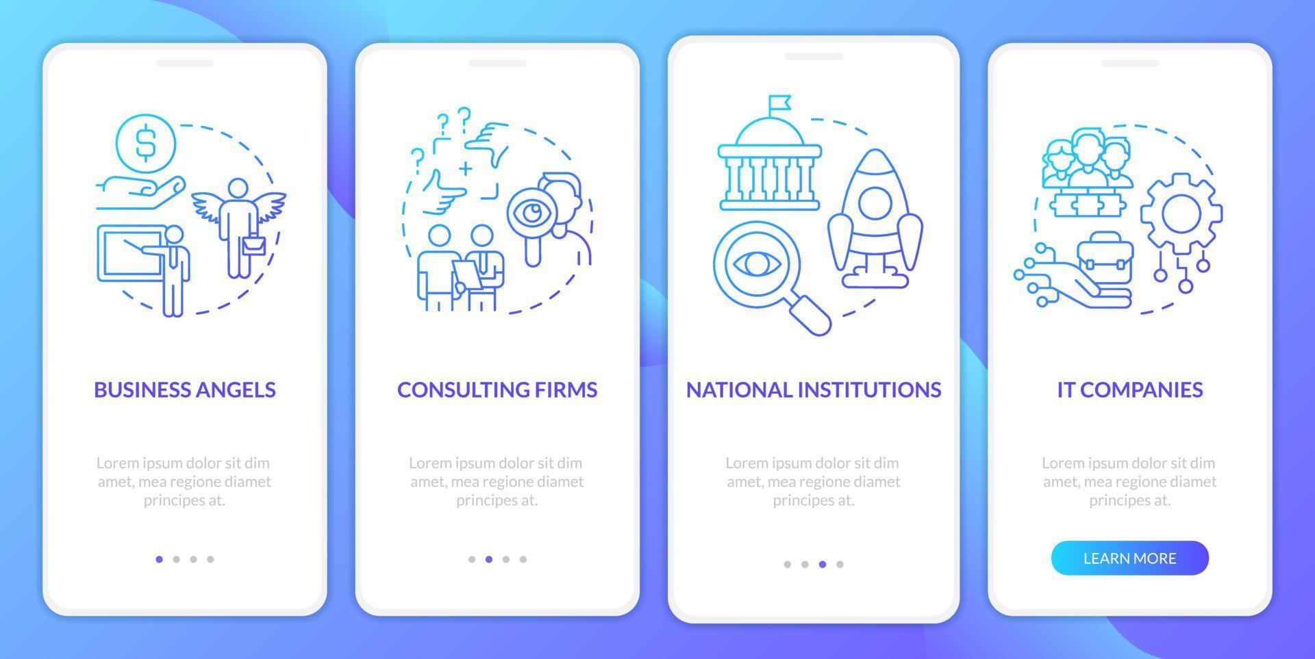 Kinds of new business assistance blue gradient onboarding mobile app screen. Walkthrough 4 steps graphic instructions with linear concepts. UI, UX, GUI template vector