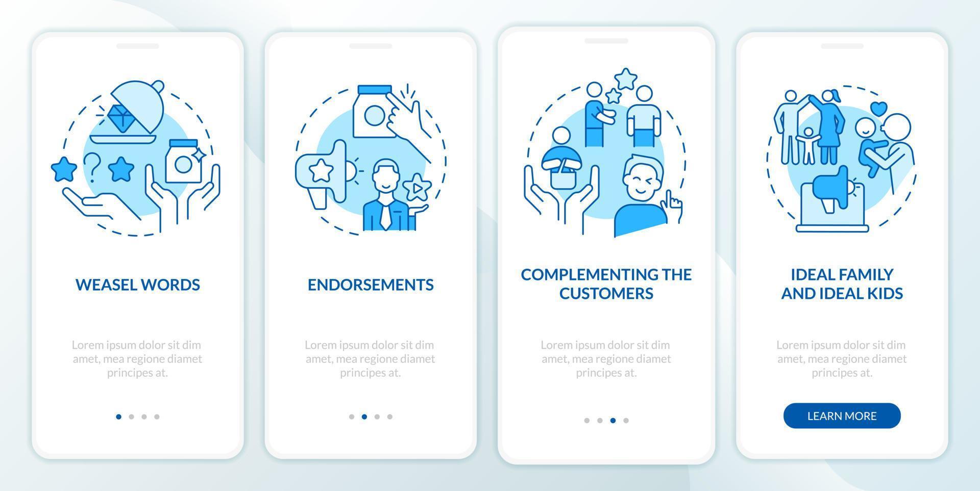 Advertisement campaign elements blue onboarding mobile app screen. Walkthrough 4 steps editable graphic instructions with linear concepts. UI, UX, GUI template vector