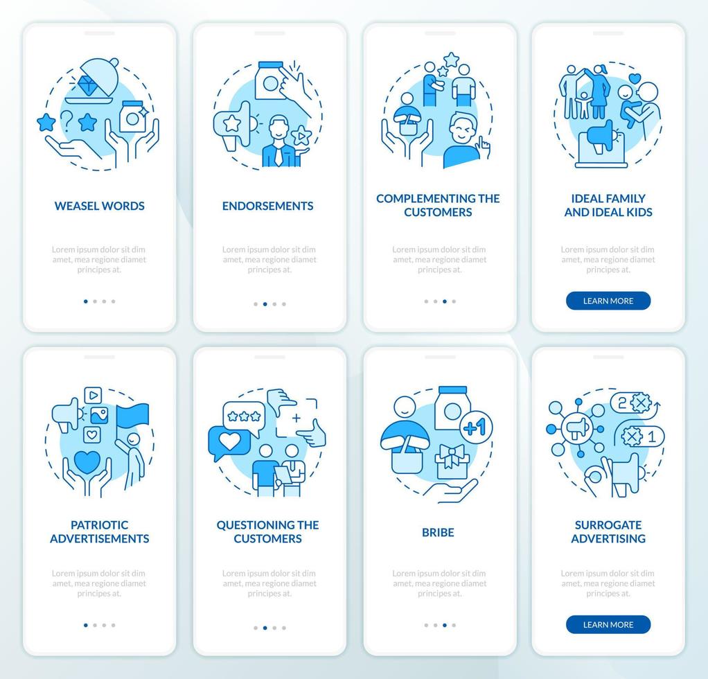Advertising strategies blue onboarding mobile app screen set. Walkthrough 5 steps editable graphic instructions with linear concepts. UI, UX, GUI template vector