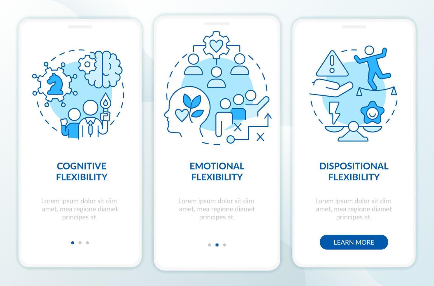 Leader flexible types blue onboarding mobile app screen. Adaptability walkthrough 3 steps editable graphic instructions with linear concepts. UI, UX, GUI template vector