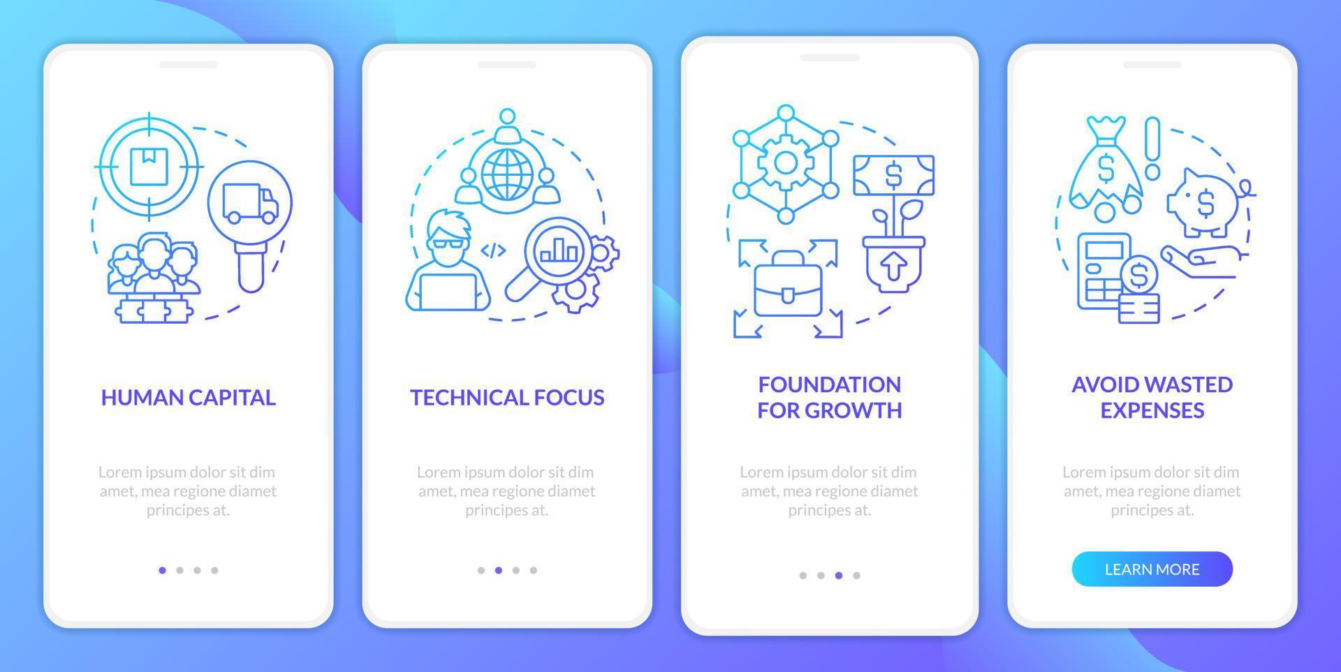 Startup needs consulting service blue gradient onboarding mobile app screen. Walkthrough 4 steps graphic instructions with linear concepts. UI, UX, GUI template vector