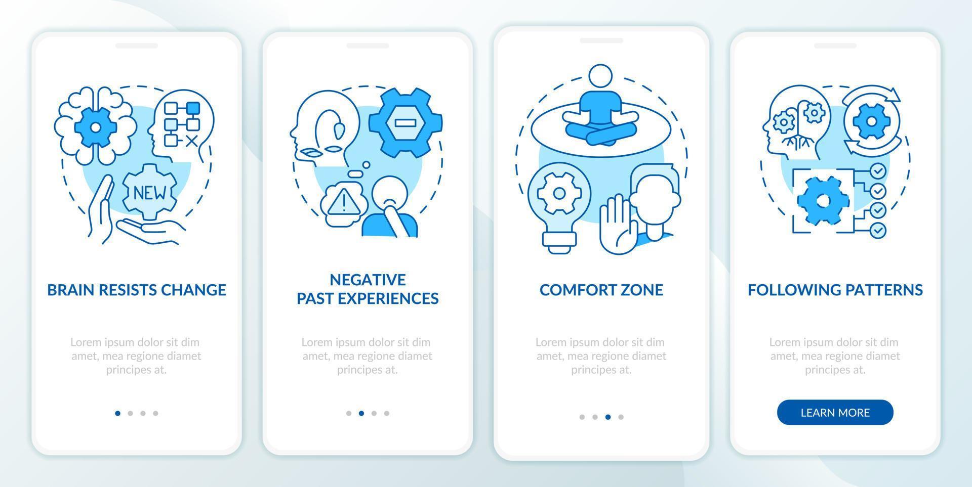 por qué nosotros resistirse cambio azul inducción móvil aplicación pantalla. inflexibilidad recorrido 4 4 pasos editable gráfico instrucciones con lineal conceptos. ui, ux, gui modelo vector