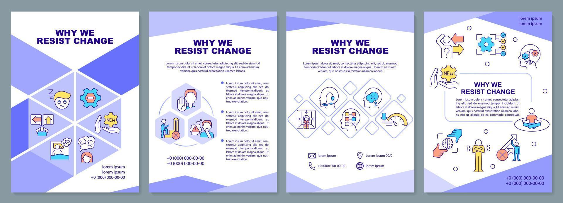 Why we resist change purple brochure template. Nonconformism. Leaflet design with linear icons. Editable 4 vector layouts for presentation, annual reports