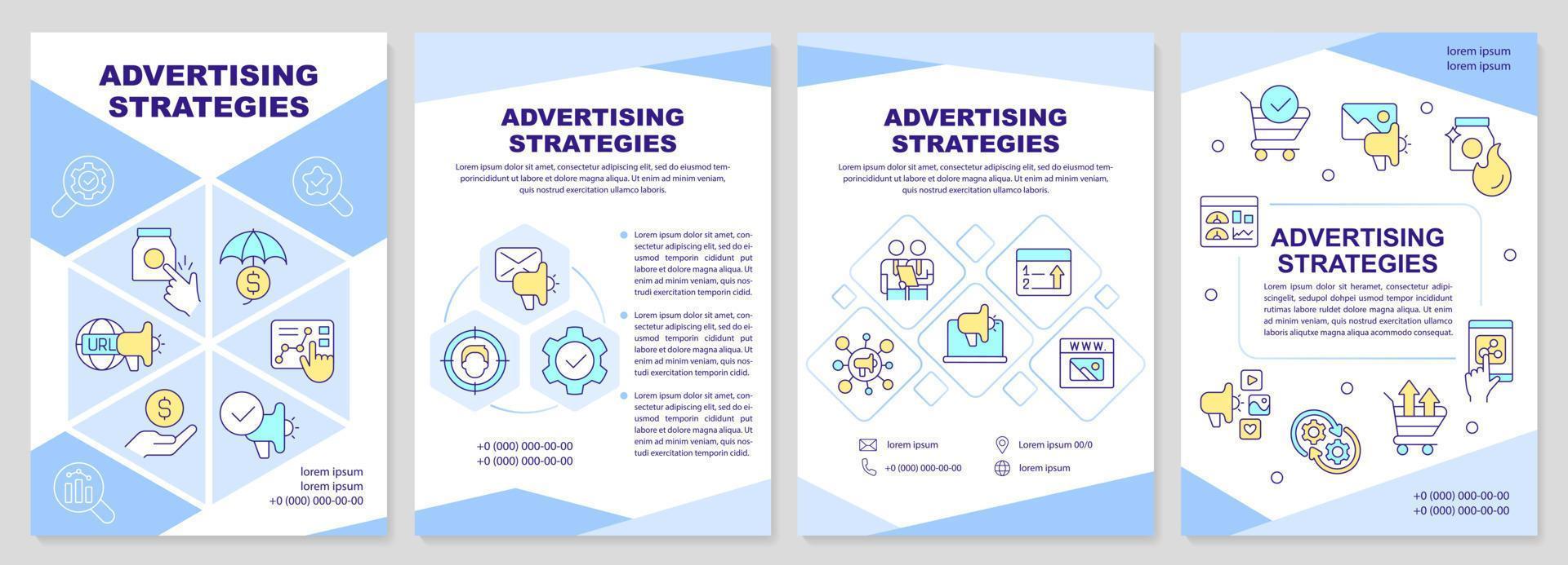 Advertising strategies blue brochure template. Marketing plans. Leaflet design with linear icons. Editable 4 vector layouts for presentation, annual reports