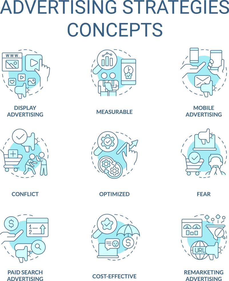 Advertising strategies turquoise concept icons set. Marketing campaign idea thin line color illustrations. Mobile, display. Isolated symbols. Editable stroke vector