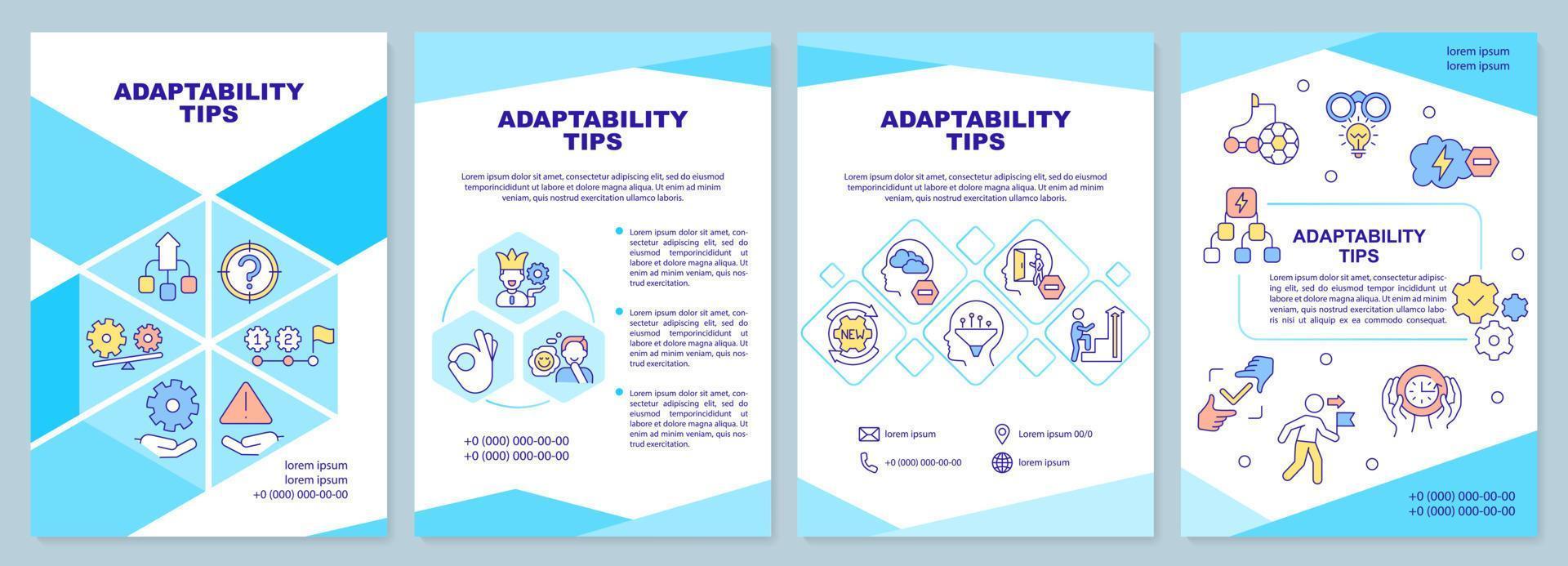 Adaptability tips blue brochure template. Flexibility skills. Leaflet design with linear icons. Editable 4 vector layouts for presentation, annual reports