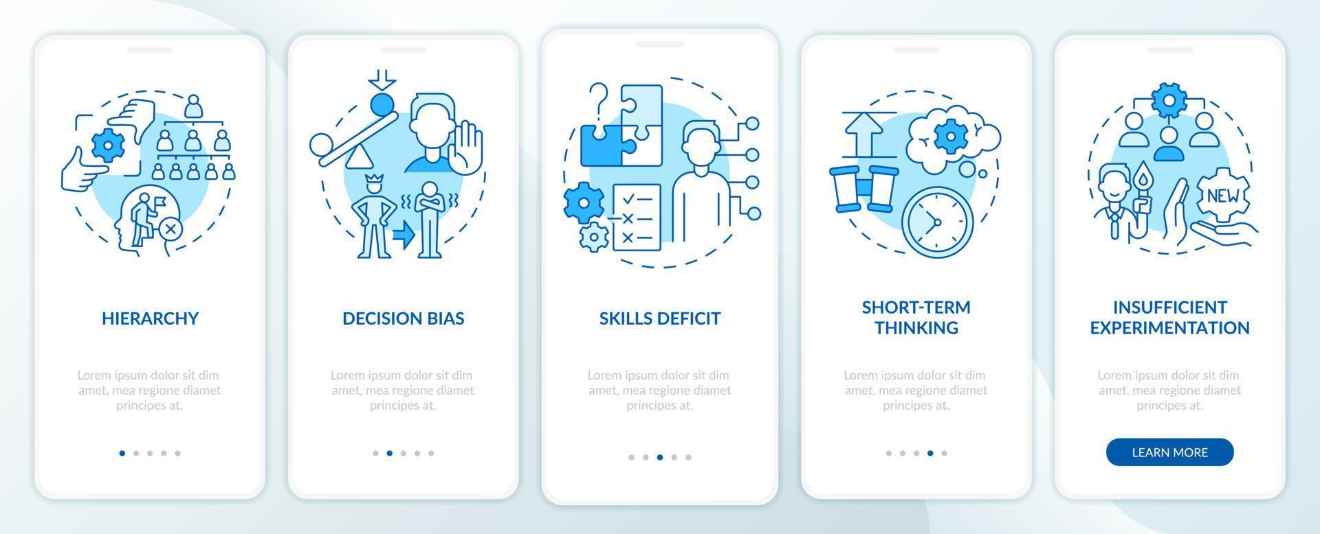 Adaptability enemies in HR blue onboarding mobile app screen. Walkthrough 5 steps editable graphic instructions with linear concepts. UI, UX, GUI template vector