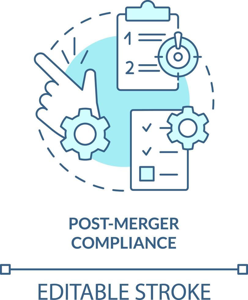 Post merger compliance turquoise concept icon. Parties obligations. Stage of merger abstract idea thin line illustration. Isolated outline drawing. Editable stroke vector