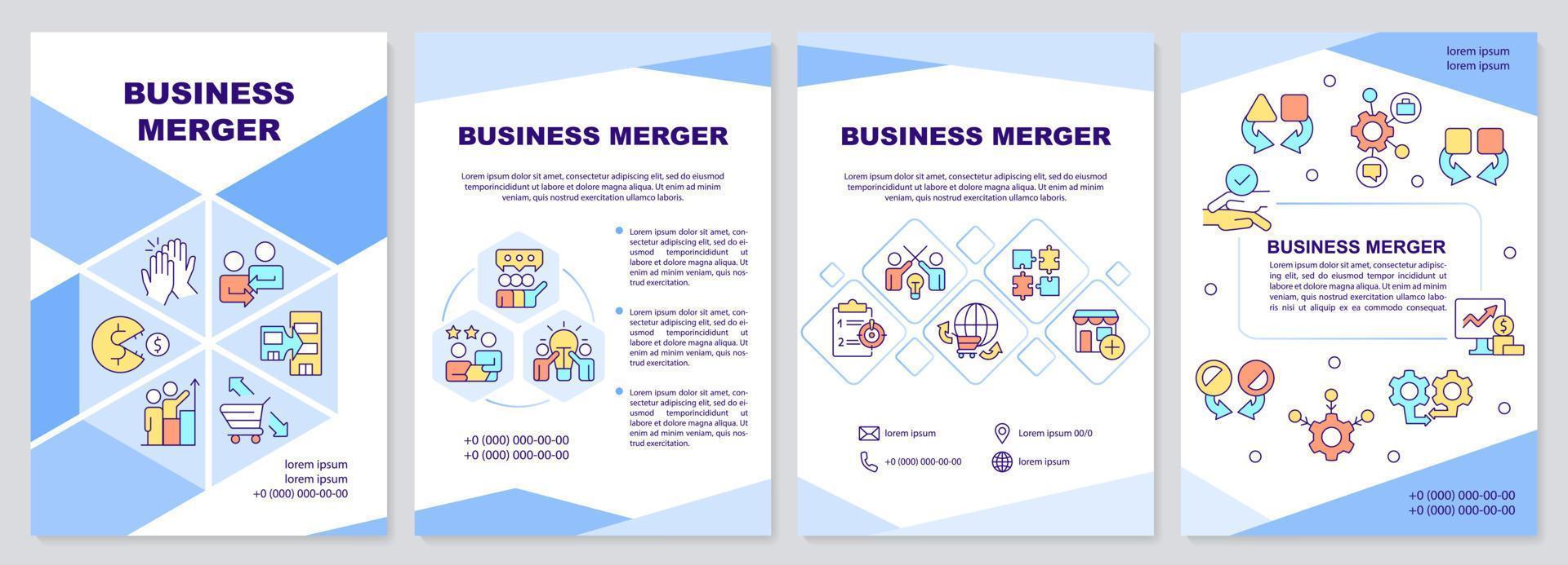 Business merger blue brochure template. Consolidation. Leaflet design with linear icons. Editable 4 vector layouts for presentation, annual reports