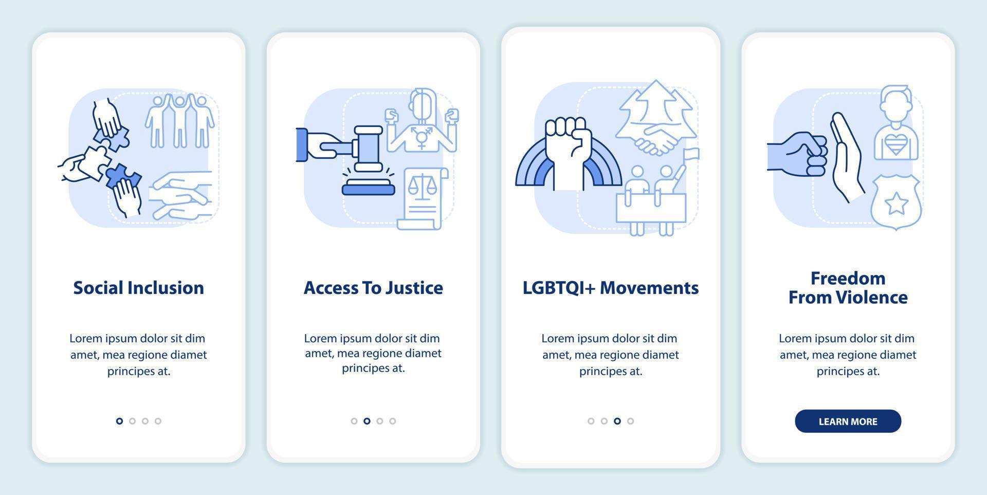 LGBT community programs light blue onboarding mobile app screen. Walkthrough 4 steps editable graphic instructions with linear concepts. UI, UX, GUI template vector