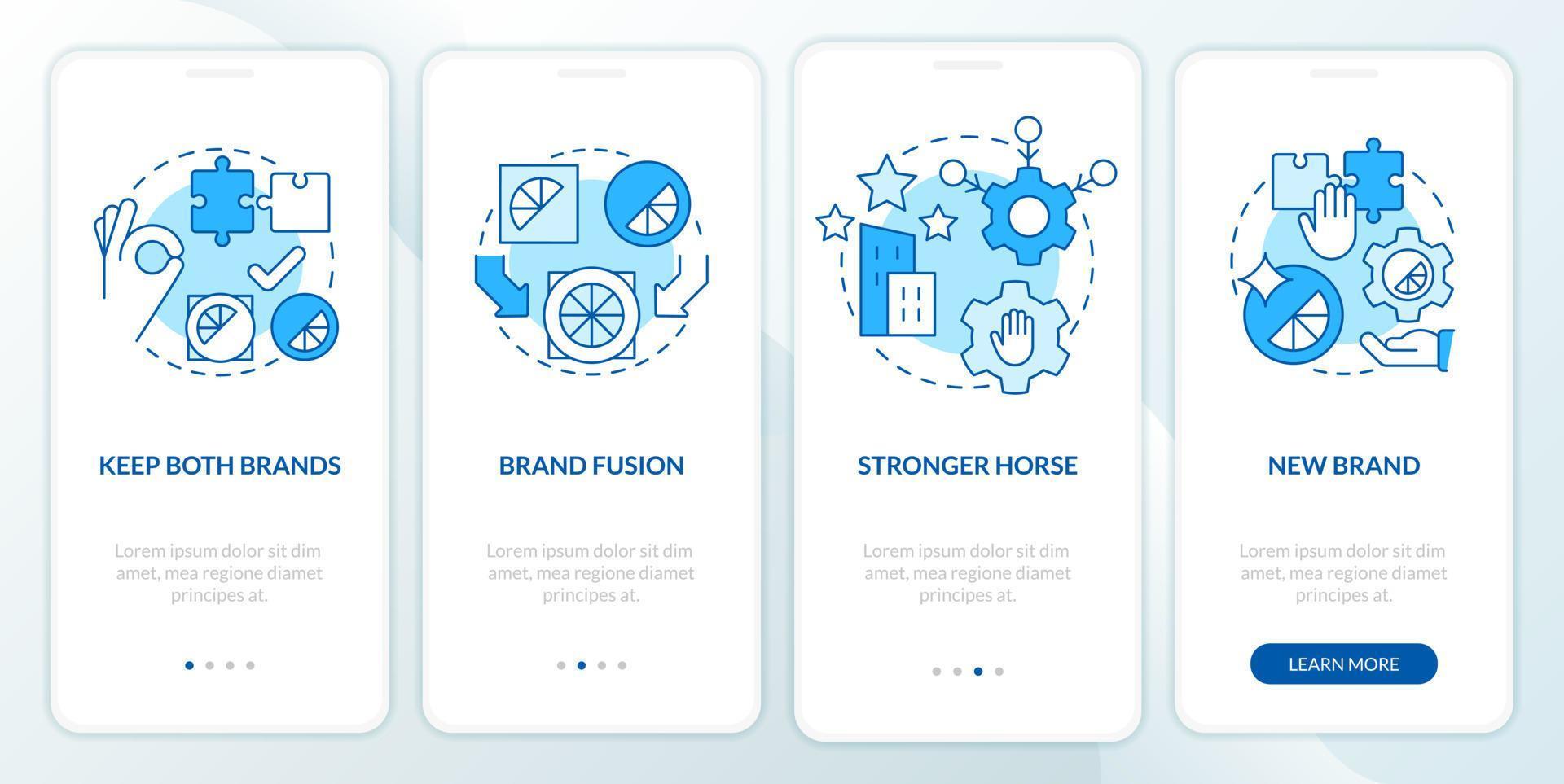 Brand consolidation strategies blue onboarding mobile app screen. Walkthrough 4 steps editable graphic instructions with linear concepts. UI, UX, GUI template vector