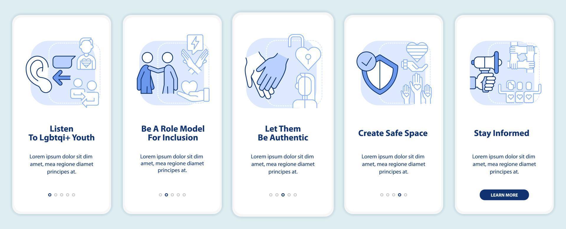 Supporting LGBT youth light blue onboarding mobile app screen. Walkthrough 5 steps editable graphic instructions with linear concepts. UI, UX, GUI template vector