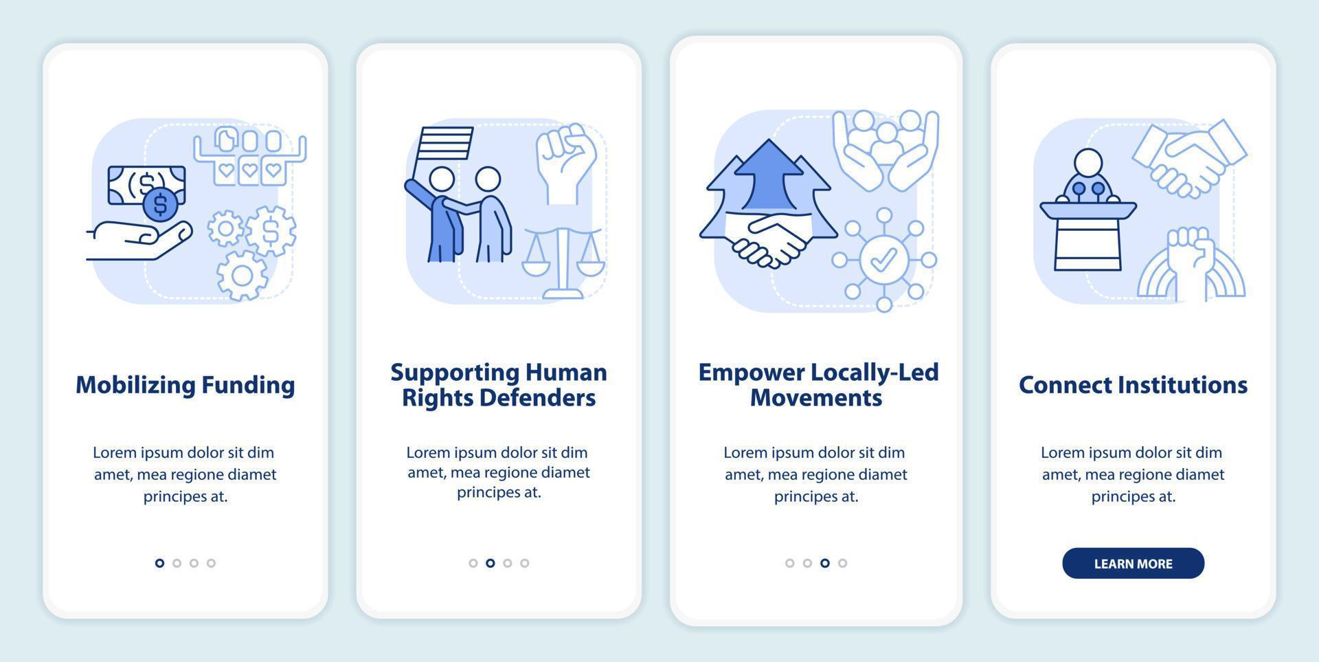 LGBT community state support light blue onboarding mobile app screen. Walkthrough 4 steps editable graphic instructions with linear concepts. UI, UX, GUI template vector