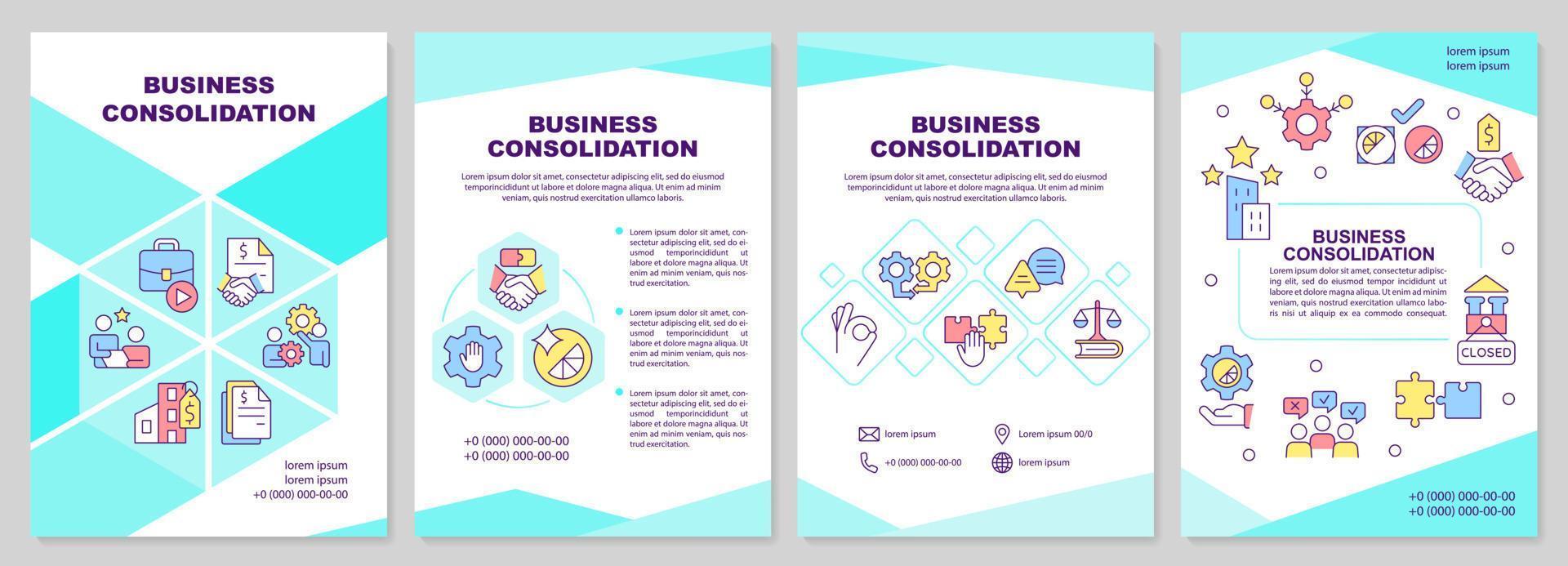 Business consolidation mint brochure template. Marketing. Leaflet design with linear icons. Editable 4 vector layouts for presentation, annual reports