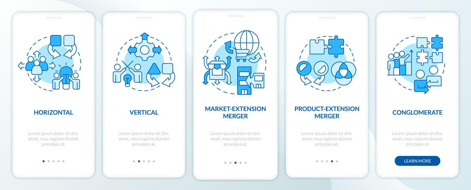 Types of mergers blue onboarding mobile app screen. Business processes walkthrough 5 steps editable graphic instructions with linear concepts. UI, UX, GUI template vector