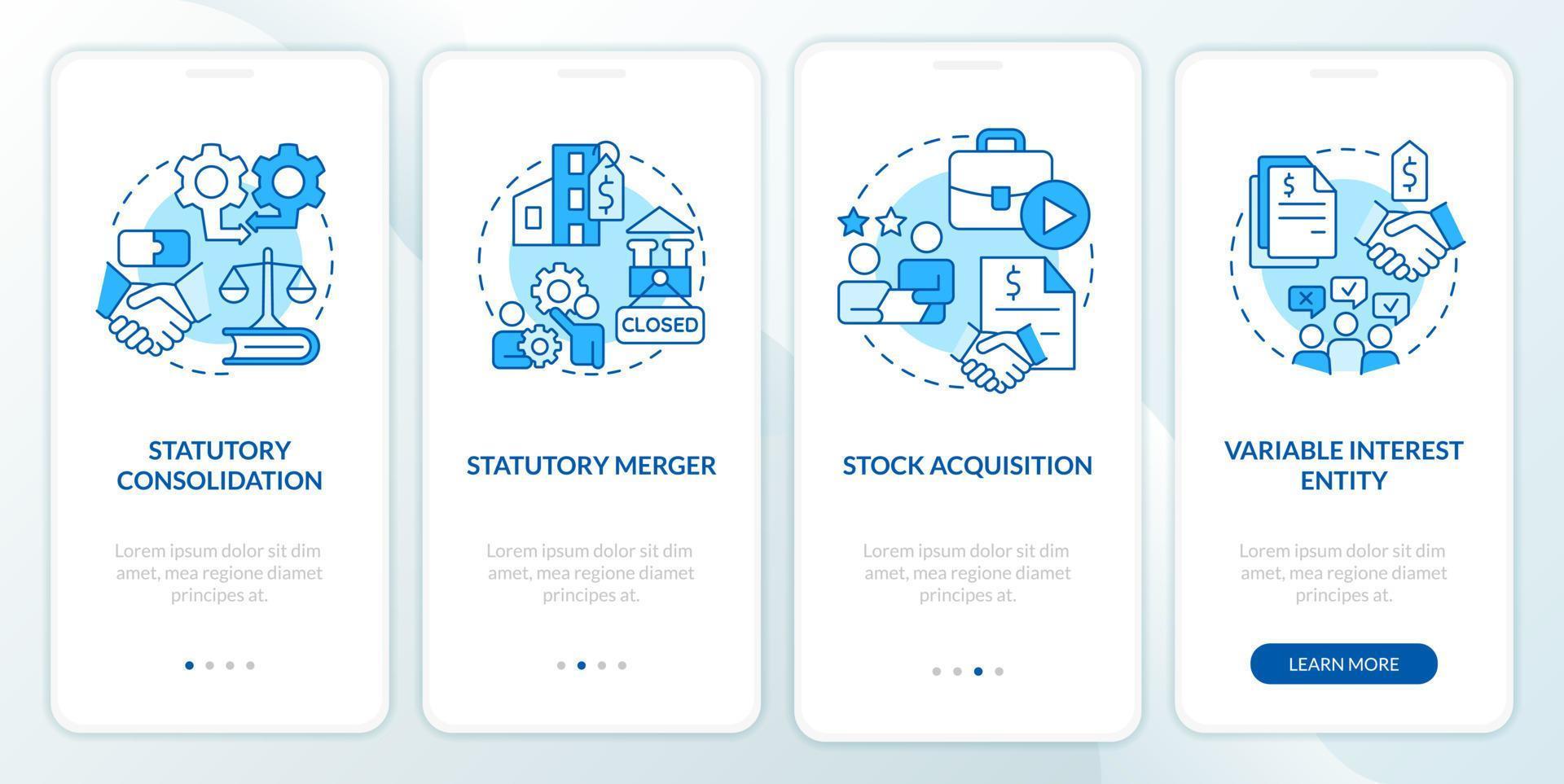 Business consolidation strategies blue onboarding mobile app screen. Walkthrough 4 steps editable graphic instructions with linear concepts. UI, UX, GUI template vector