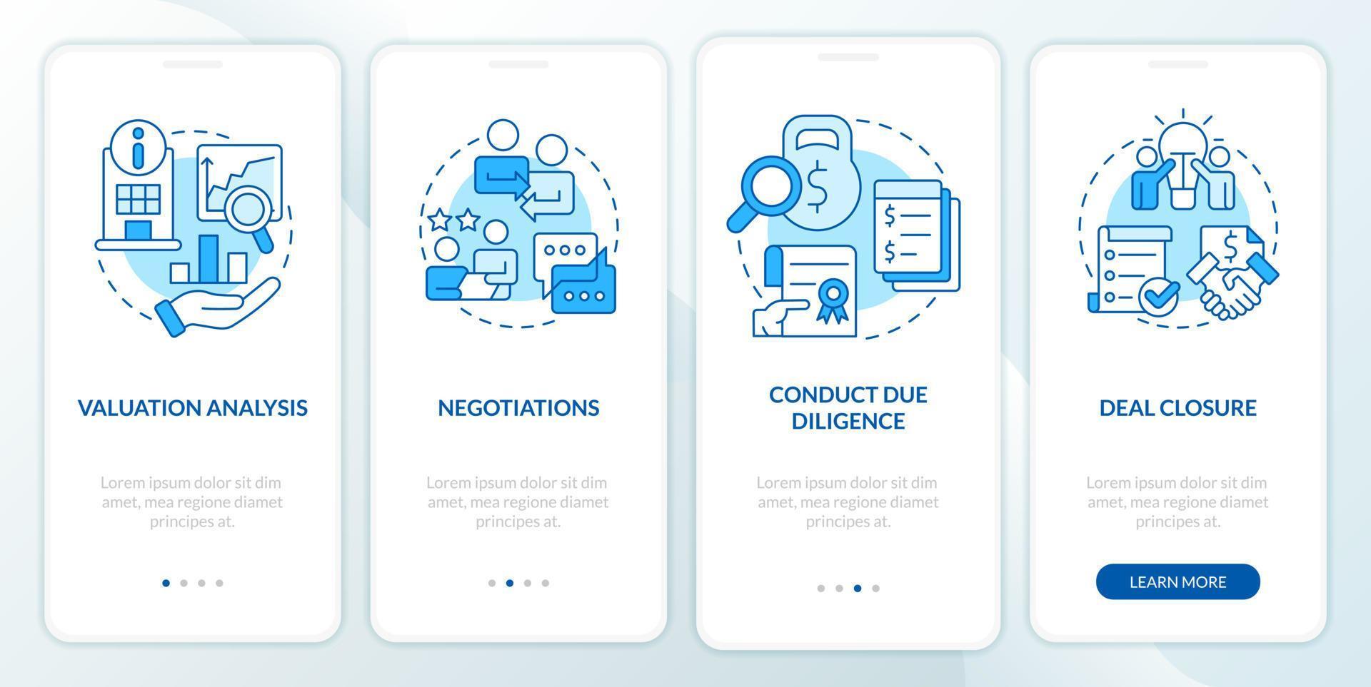 Stages of merger blue onboarding mobile app screen. Consolidation walkthrough 4 steps editable graphic instructions with linear concepts. UI, UX, GUI template vector