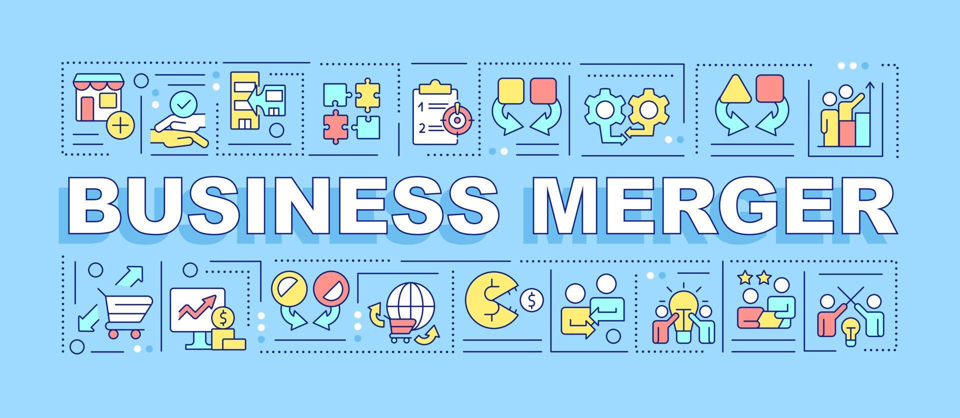 Business merger word concepts blue banner. Companies fusion. Infographics with editable icons on color background. Isolated typography. Vector illustration with text