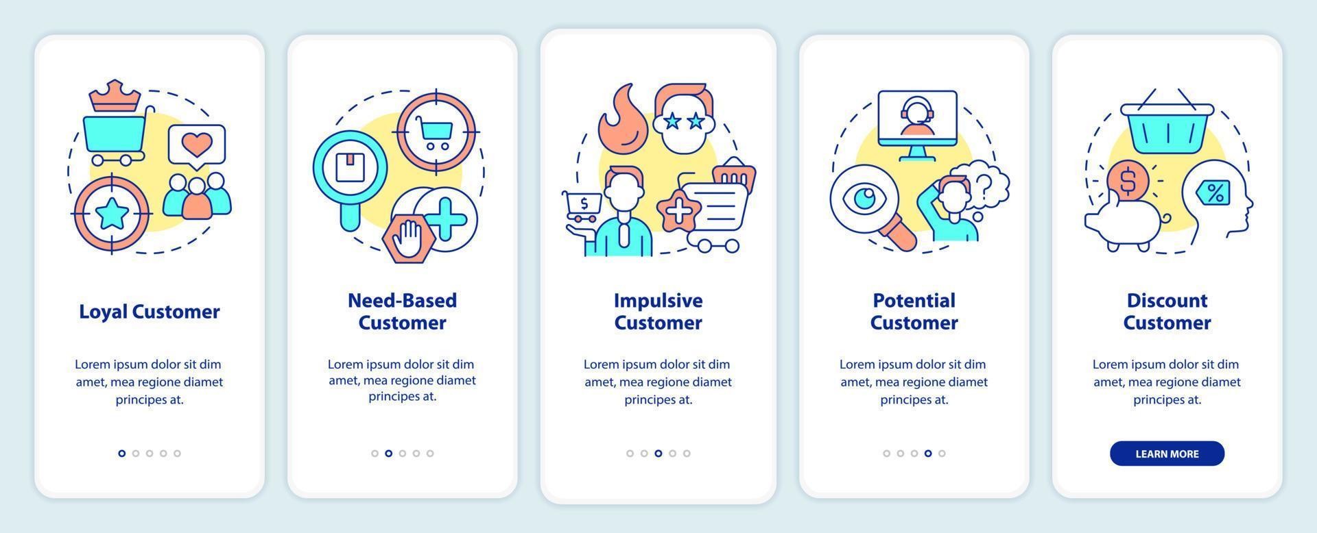 Types of customers onboarding mobile app screen. Business clients walkthrough 5 steps editable graphic instructions with linear concepts. UI, UX, GUI template vector