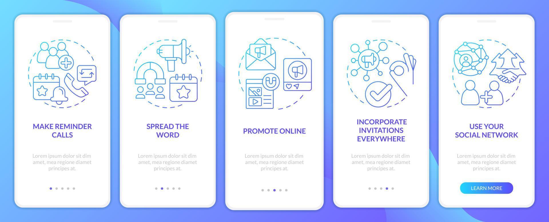 Engaging guests on business meeting blue gradient onboarding mobile app screen. Walkthrough 5 steps graphic instructions with linear concepts. UI, UX, GUI template vector