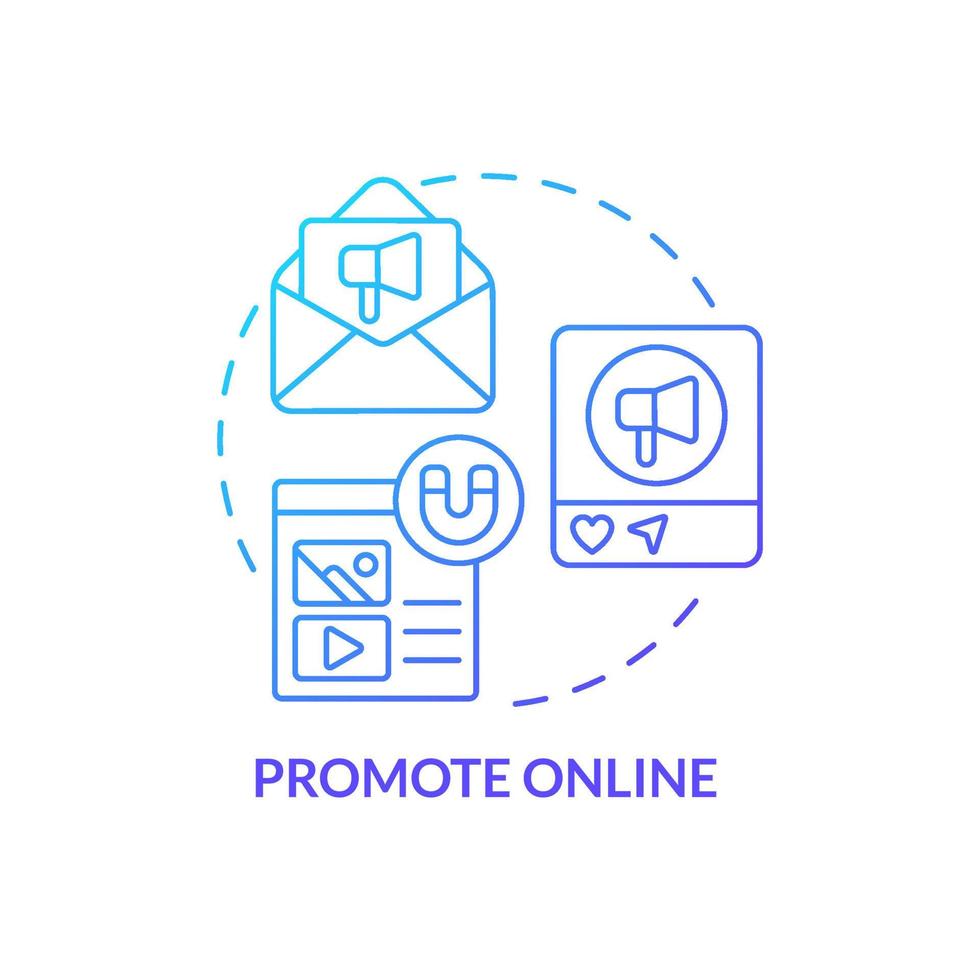 Promote online blue gradient concept icon. Digital marketing. Increasing business meeting attendance abstract idea thin line illustration. Isolated outline drawing vector