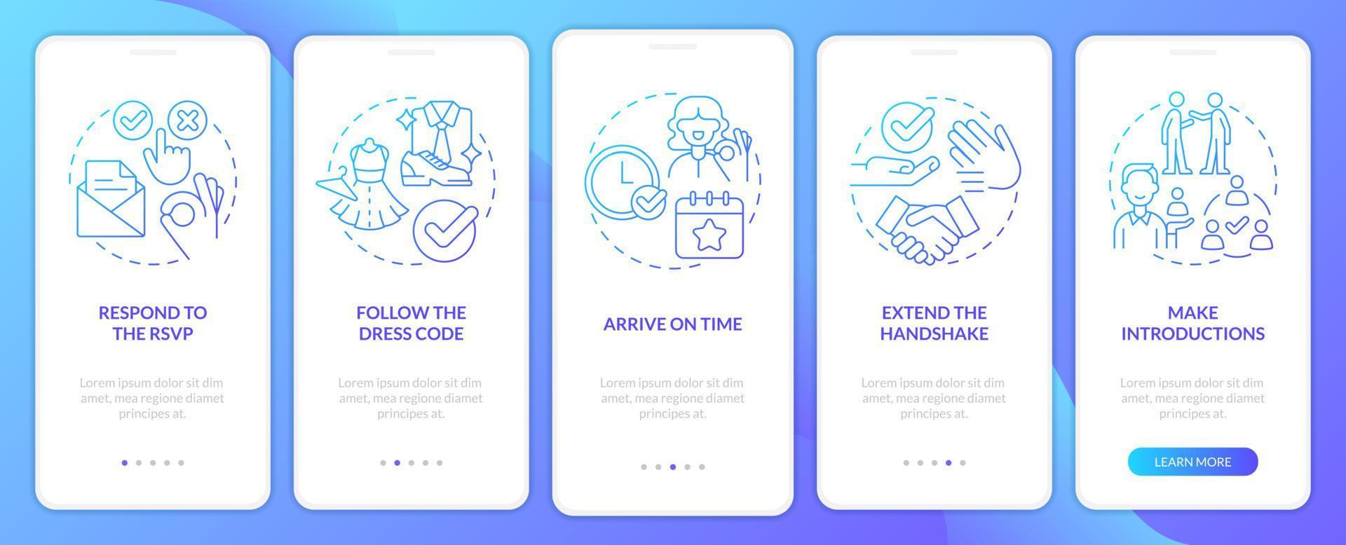 Business event etiquette rules blue gradient onboarding mobile app screen. Walkthrough 5 steps graphic instructions with linear concepts. UI, UX, GUI template vector