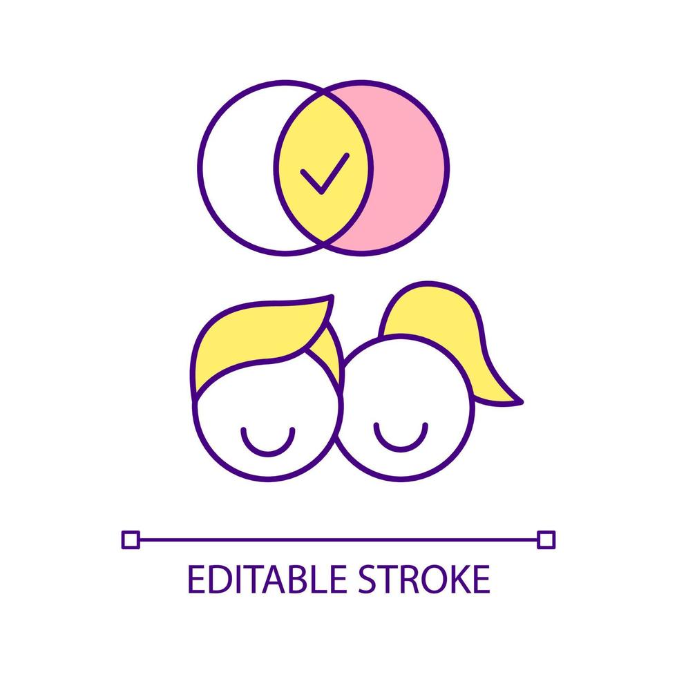 Compatibility in relationship RGB color icon. Mutual feelings. Be compatible with partner. Synchronization. Isolated vector illustration. Simple filled line drawing. Editable stroke