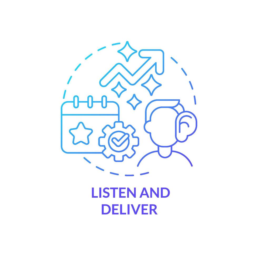 Listen and deliver blue gradient concept icon. Study feedback. Increasing business meeting attendance abstract idea thin line illustration. Isolated outline drawing vector