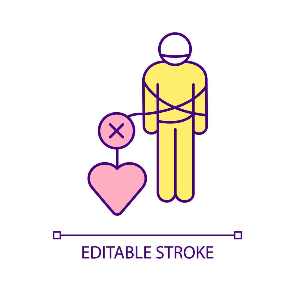 Being trapped by burden of love RGB color icon. Reduce relationship anxiety. Clear emotional baggage. Isolated vector illustration. Simple filled line drawing. Editable stroke