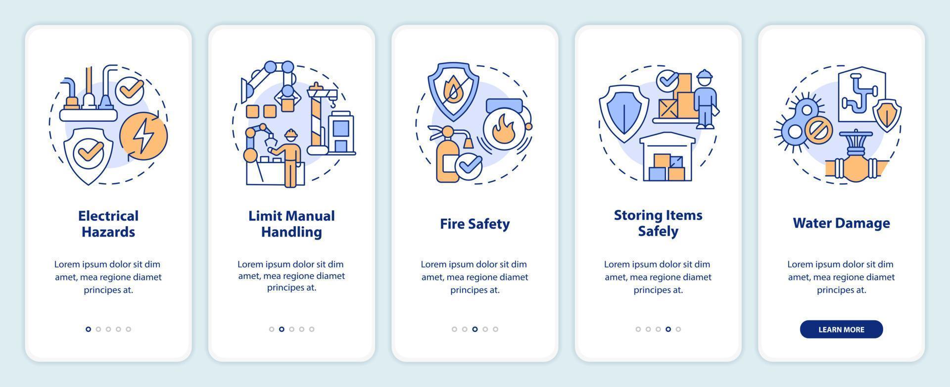 Ways to prevent common accidents onboarding mobile app screen. Walkthrough 5 steps editable graphic instructions with linear concepts. UI, UX, GUI template vector