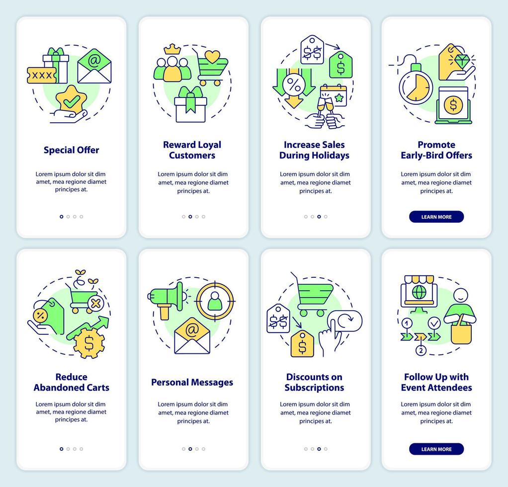 Discount strategy onboarding mobile app screen set. Sales walkthrough 4 steps editable graphic instructions with linear concepts. UI, UX, GUI template vector