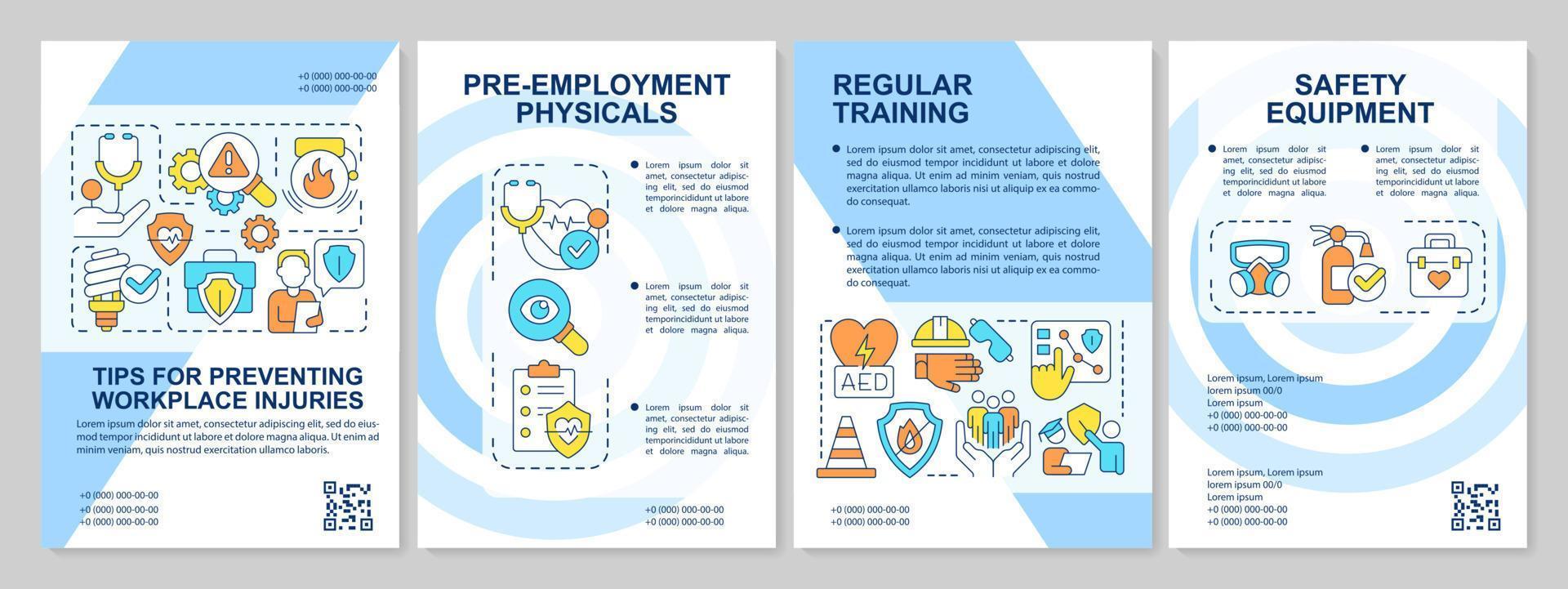 Tips for minimizing occupational injuries blue brochure template. Leaflet design with linear icons. Editable 4 vector layouts for presentation, annual reports