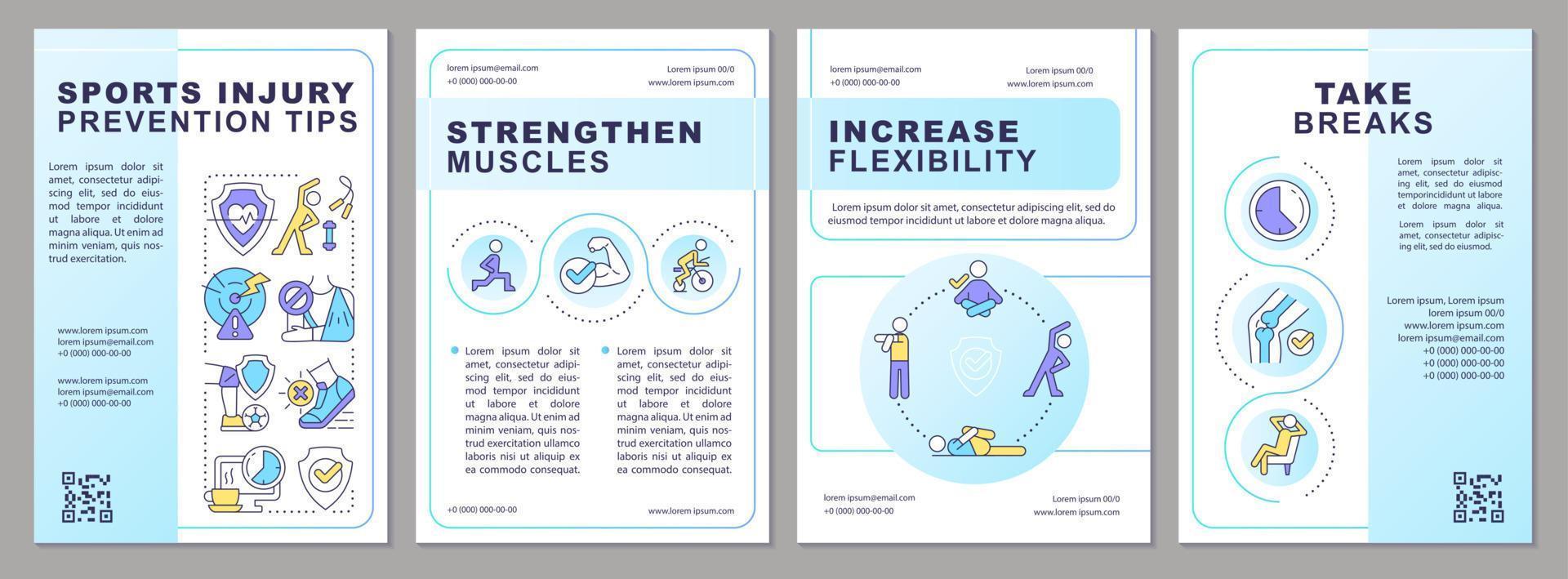 Sports injury avoiding tips brochure template. Reduce athlete risks. Leaflet design with linear icons. Editable 4 vector layouts for presentation, annual reports