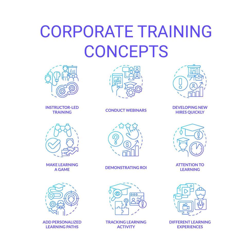 Corporate training blue gradient concept icons set. Development in workplace idea thin line color illustrations. Conduct webinars. Isolated symbols vector