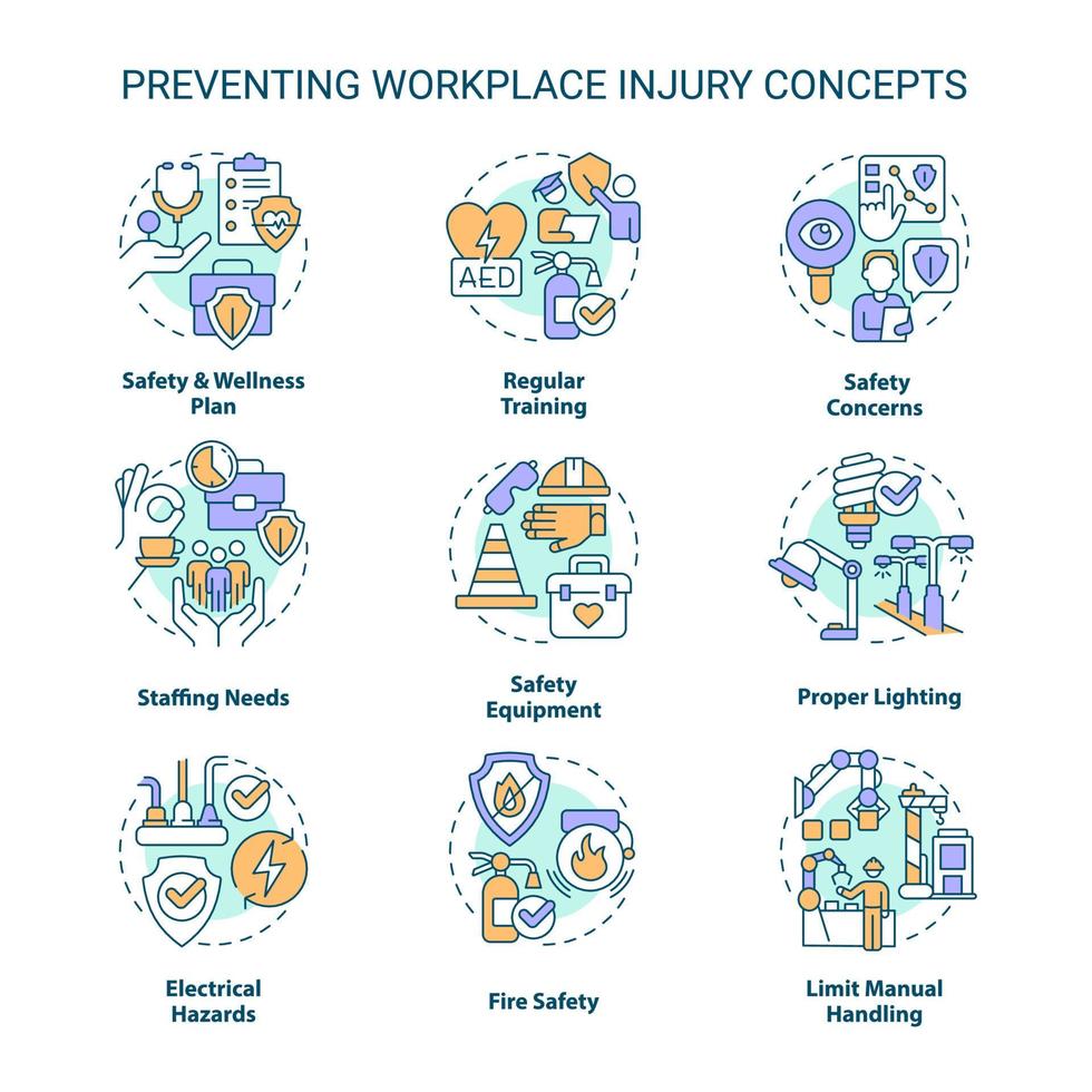 Preventing workplace injury concept icons set. Occupational health and safety idea thin line color illustrations. Isolated symbols. Editable stroke vector