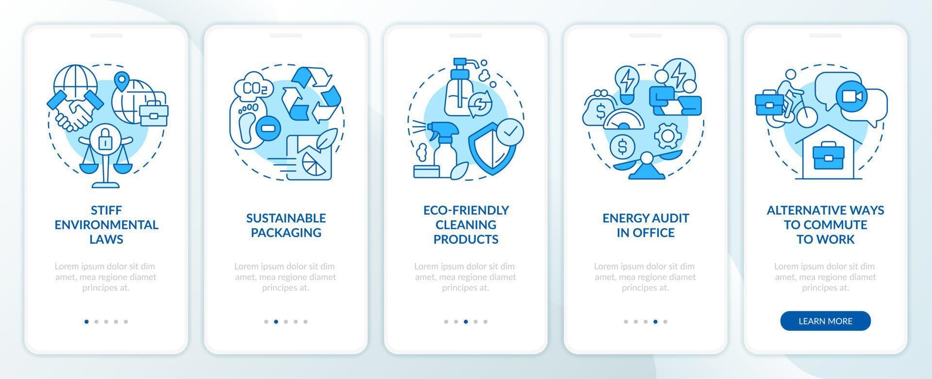 Ecological responsible brand traits blue onboarding mobile app screen. Walkthrough 5 steps editable graphic instructions with linear concepts. UI, UX, GUI template vector