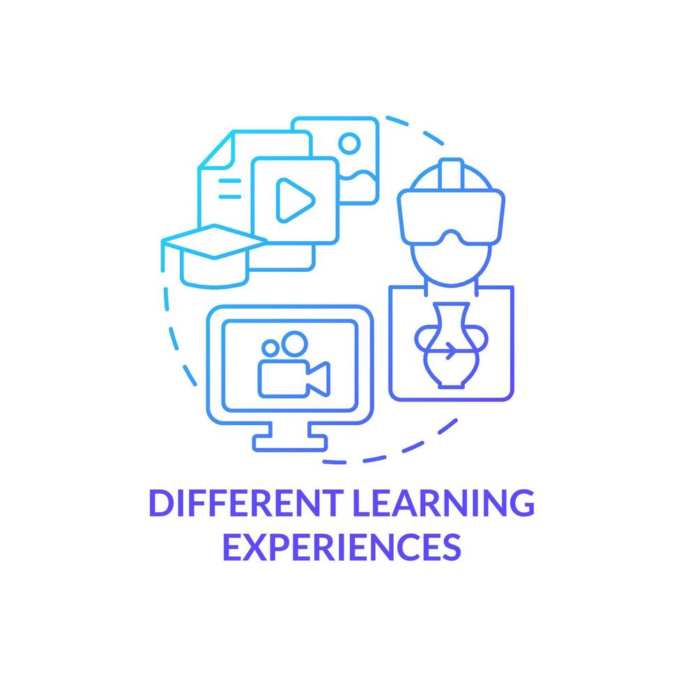 Different learning experiences blue gradient concept icon. Improve training abstract idea thin line illustration. Distance and virtual reality. Isolated outline drawing vector